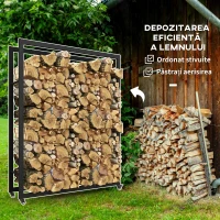 Outsunny Suport Portabil pentru Lemne cu Roți, Suport pentru Lemne din Metal Ranforsat, 120x32x151 cm, Negru(m-4)