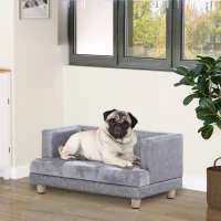 PawHut Canapé chien lit pour petits animaux chien chat avec accoudoirs coussin moelleux pieds bois massif dim. 68 x 41 x 32 cm revêtement synthétique gris(m-2)