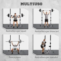 HOMCOM Set 2 Supporti Bilanciere in Acciaio con 3 Ganci, Altezza Regolabile e Portata 200kg, Argento e Nero(m-7)