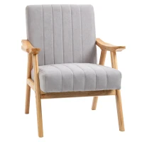 HOMCOM Sessel im Skandi-Design, bis 120 kg, Samtoptik, Massivholz; 68 cm x 74 cm x 82 cm, Natur + Grau(m-12)