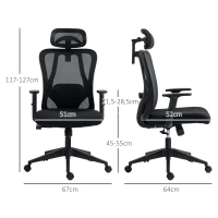 Vinsetto Cadeira de Escritório com Apoio para os Braços 2D Cadeira de Escritório com Altura Ajustável Apoio para a Cabeça Suporte Lombar Alto 67x64x117-127cm Preto(m-3)