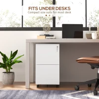 Vinsetto 2-Drawer Vertical Filing Cabinet with Lock and 5 Wheels, Steel Mobile File Cabinet, for A4, Legal and Letter Size, Pre-Assembled Body, White(m-8)