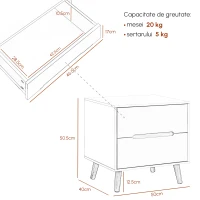 HOMCOM Noptiera moderna , noptiera cu 2 sertare, masuta laterala cu picioare din lemn masiv pentru living, dormitor, alb(m-3)