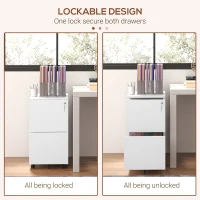 Vinsetto 2-Drawer Vertical Filing Cabinet with Lock and 5 Wheels, Steel Mobile File Cabinet, for A4, Legal and Letter Size, Pre-Assembled Body, White(m-6)