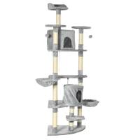PawHut Kratzbaum mit 2 Hängematten u. 2 Katzenhöhlen inkl. Spielzeug Plüsch Sisalseil Hellgrau(m-14)