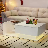 High-Gloss Coffee Table with Glass Top and LED Lights, Sofa Table for Living Room, 105L x 55W x 32.5H cm, White