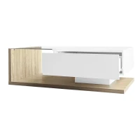 High Gloss Coffee Table with Glass Top and LED Lights, Sofa Table for Living Room, 105L x 55W x 32.5H cm, White+Natural(m-12)