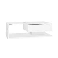High-Gloss Coffee Table with Glass Top and LED Lights, Sofa Table for Living Room, 105L x 55W x 32.5H cm, White(m-11)