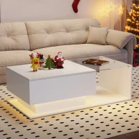 High-Gloss Coffee Table with Glass Top and LED Lights, Sofa Table for Living Room, 105L x 55W x 32.5H cm, White(m-5)