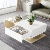 High Gloss Coffee Table with Glass Top and LED Lights, Sofa Table for Living Room, 105L x 55W x 32.5H cm, White+Natural(m-5)
