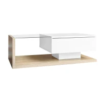 High Gloss Coffee Table with Glass Top and LED Lights, Sofa Table for Living Room, 105L x 55W x 32.5H cm, White+Natural(m-10)