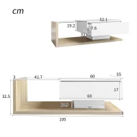 High Gloss Coffee Table with Glass Top and LED Lights, Sofa Table for Living Room, 105L x 55W x 32.5H cm, White+Natural(m-3)