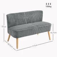 HOMCOM Sofa 2-osobowa, Drewno, Aksamitny poliester, Pianka, 117 x 56,5 x 77 cm, Szara(m-3)