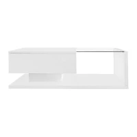High-Gloss Coffee Table with Glass Top and LED Lights, Sofa Table for Living Room, 105L x 55W x 32.5H cm, White(m-15)