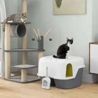 PawHut Kattenbak met deksel en schep, makkelijk schoon te maken, afsluitbaar, Wit(m-2)