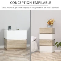 HOMCOM Table de chevet empilable table de nuit table d'appoint avec 2 tiroirs pour chambre à coucher, salon - blanc et naturel(m-6)