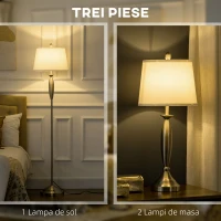 HOMCOM Set cu lampa de podea si veioza de masa din otel si stofa pentru iluminatul interior al casei si biroului, alb si argintiu(m-4)