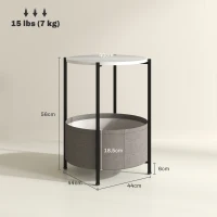 HOMCOM Ronde Bijzettafel met Stoffen Mand, 2-Laags Koffietafel voor Woonkamer, Slaapkamer, Kleine Ruimtes, Metaal, Grijs+Wit(m-3)
