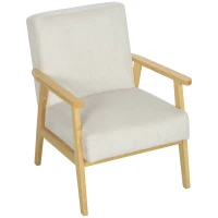 HOMCOM Moderne Fauteuil met Armleuningen, Stoffen Bekleding, van Rubberhout, Accentstoel, Draagvermogen 120 kg, Roomwit(m-9)