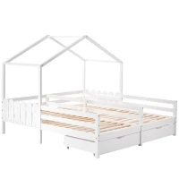Letto a Casetta con 2 Cassetti su Ruote, Letto per Cameretta, Rete a Doghe, Senza Materasso, in Legno, 200×90 cm, Bianco(m-2)
