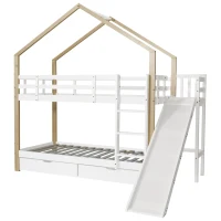 Lit superposé avec toboggan et échelle d'angle à trois niveaux, avec barrière de sécurité, sans matelas, 90x200 cm, Blanc(m-9)