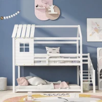 Letto a castello con scala e finestra, letto per bambini con protezione anticaduta e sponde, senza materasso, 200x90 cm, Bianco(m-1)