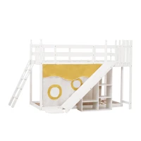 Letto a castello per bambini 6+ anni con scala, scivolo e scaffale, 90×200 cm, Bianco(m-2)