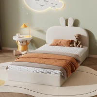 Letto imbottito con testiera a forma di coniglio, letto per bambini con doghe in legno, senza materasso, 90×200 cm, Beige(m-4)