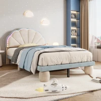 Lit rembourré avec bandes lumineuses multicolores et tête de lit ondulée, sans matelas, 90×200 cm, Bleu+Crème(m-5)
