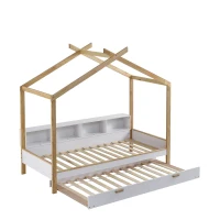 Letto per bambini con quattro scomparti a scaffale e letto estraibile, letto a casetta, 90x200 cm & 90x190 cm, Bianco+naturale(m-10)
