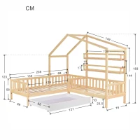 Letto per bambini a forma di casetta con cassetti e scaffali, senza materasso, 90x200 cm + 140x70 cm,naturale(m-3)