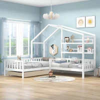 Letto per bambini con cassetti e scaffali, struttura a L, senza materasso, 90x200 cm+140x70 cm, Bianco(m-1)