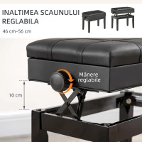 HOMCOM Scaun pentru Pian cu Înălțime Reglabilă și Spațiu de Depozitare, 63x35x46-56 cm, Negru(m-4)