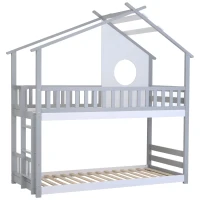 Letto a castello con scala verticale e protezione anticaduta, letto a casetta, senza materasso, 90x200 cm, Bianco+Grigio(m-9)