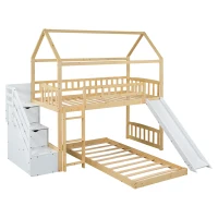 Letto a castello per bambini 6+ anni con scala e scivolo, spazio contenitore,90x200 cm, naturale(m-2)