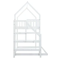 Lit superposé avec escalier et barrière de sécurité, lit cabane, sans matelas, 90x200 cm, Blanc(m-9)