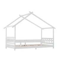 Lit maison en bois avec barrière et sommier à lattes,sans matelas, 90x200 cm, Blanc(m-8)