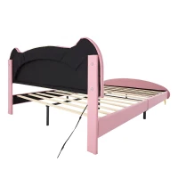 Letto Imbottito con Striscia LED e Doghe in Legno, Letto con Testiera, Rivestimento in Pelle PU, Senza Materasso, 140×200 cm, Bianco e Rosa(m-14)