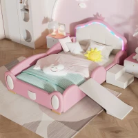 Letto Principessa con Striscia LED, Scivolo e Scala, Design Cartoon con Corona, Senza Materasso, 90x200 cm, Rosa(m-7)