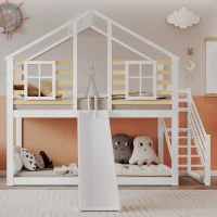 Letto a castello per bambini 6+ anni con scala e sponda, con scivolo e finestra, senza materasso, 90x200 cm, Bianco(m-1)
