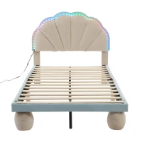Lit rembourré avec bandes lumineuses multicolores et tête de lit ondulée, sans matelas, 90×200 cm, Bleu+Crème(m-8)