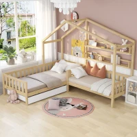 Letto per bambini a forma di casetta con cassetti e scaffali, senza materasso, 90x200 cm + 140x70 cm,naturale(m-5)