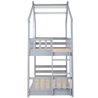 Lit superposé avec échelle perpendiculaire et protection contre les chutes, lit maison, sans matelas, 90x200 cm, Blanc+Gris(m-10)