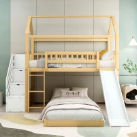Letto a castello per bambini 6+ anni con scala e scivolo, spazio contenitore,90x200 cm, naturale(m-1)
