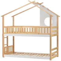 Lit superposé avec échelle perpendiculaire et protection contre les chutes, lit cabane, cadre en bois, sans matelas, 200x90 cm, Blanc+naturelle(m-10)