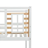 Lit superposé avec escalier, fenêtre et étagère, sans matelas, 90×200 cm, Blanc(m-6)