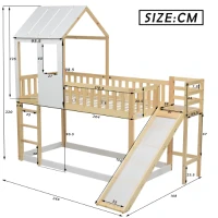 Letto a castello per bambini 6+ anni con scala ad angolo retto e scivolo, letto a casetta, 200x90 cm,naturale(m-3)