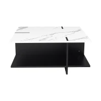 Table basse carrée, design moderne minimaliste, aspect marbre blanc, quatre compartiments de rangement ouverts, Noir+Blanc(m-11)
