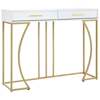 Tavolo Consolle con 2 Cassetti, Maniglie Dorate e Gambe Regolabili, Design Elegante e Moderno, in MDF, 110 x 32 x 85 cm, Bianco