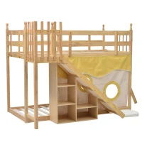 Lit superposé avec toboggan et étagère, sans matelas, 90x200 cm, naturel(m-2)